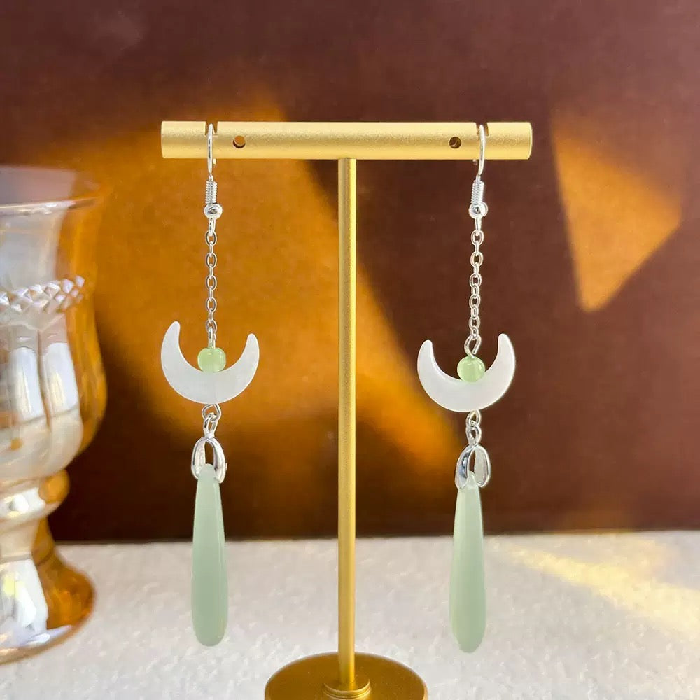 [DFC]Imitation jade drop beaded earrings, Asia-style earrings, Retro water drop tassel earrings, simple accessories, round geometric earrings,Weight 5g