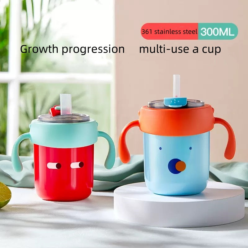 [DFC] Children's sippy cups for water milk, graduated straw cups, learning drinking cups with handles, household 316 stainless steel water cups Weight 300g