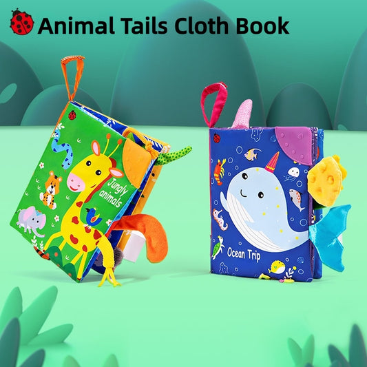 [DFC] Indestructible Tails Cloth Book Early Learning Sensory Toy for Babies with Crinkle Paper and Animal Tails, Weight 70g