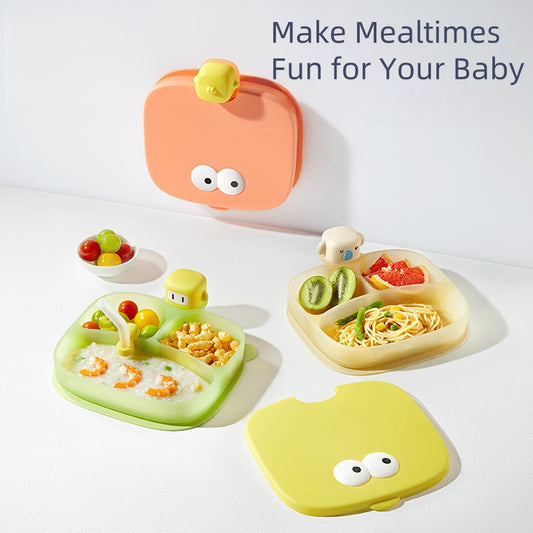 [DFC] Creative Cartoon Baby Plate, All in One Suction Base Silicone Divided Toddler Bowl Spill Proof Feeding Set Heat Resistant Easy Clean Kids Tableware