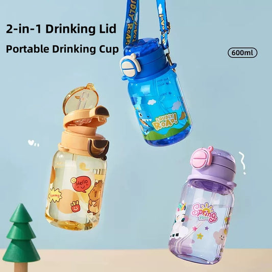 [DFC] High appearance level straw cup for direct drinking, cute and portable, with a shoulder strap for children to go to school, large capacity anti-drop double drinking cup, large capacity 600ML cup Sippy Cup,weight 186g