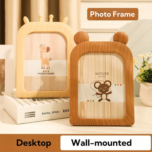 [DFC] 7 Inch Imitation Wood Photo Frame Dual-Sided Kids & Family Picture Frame with Cute Animal Designs (Giraffe, Mouse, Bear) Durable Plastic Desktop or Wall-Mounted for Nursery, Home Decor Weight 240g