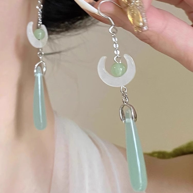 [DFC]Imitation jade drop beaded earrings, Asia-style earrings, Retro water drop tassel earrings, simple accessories, round geometric earrings,Weight 5g