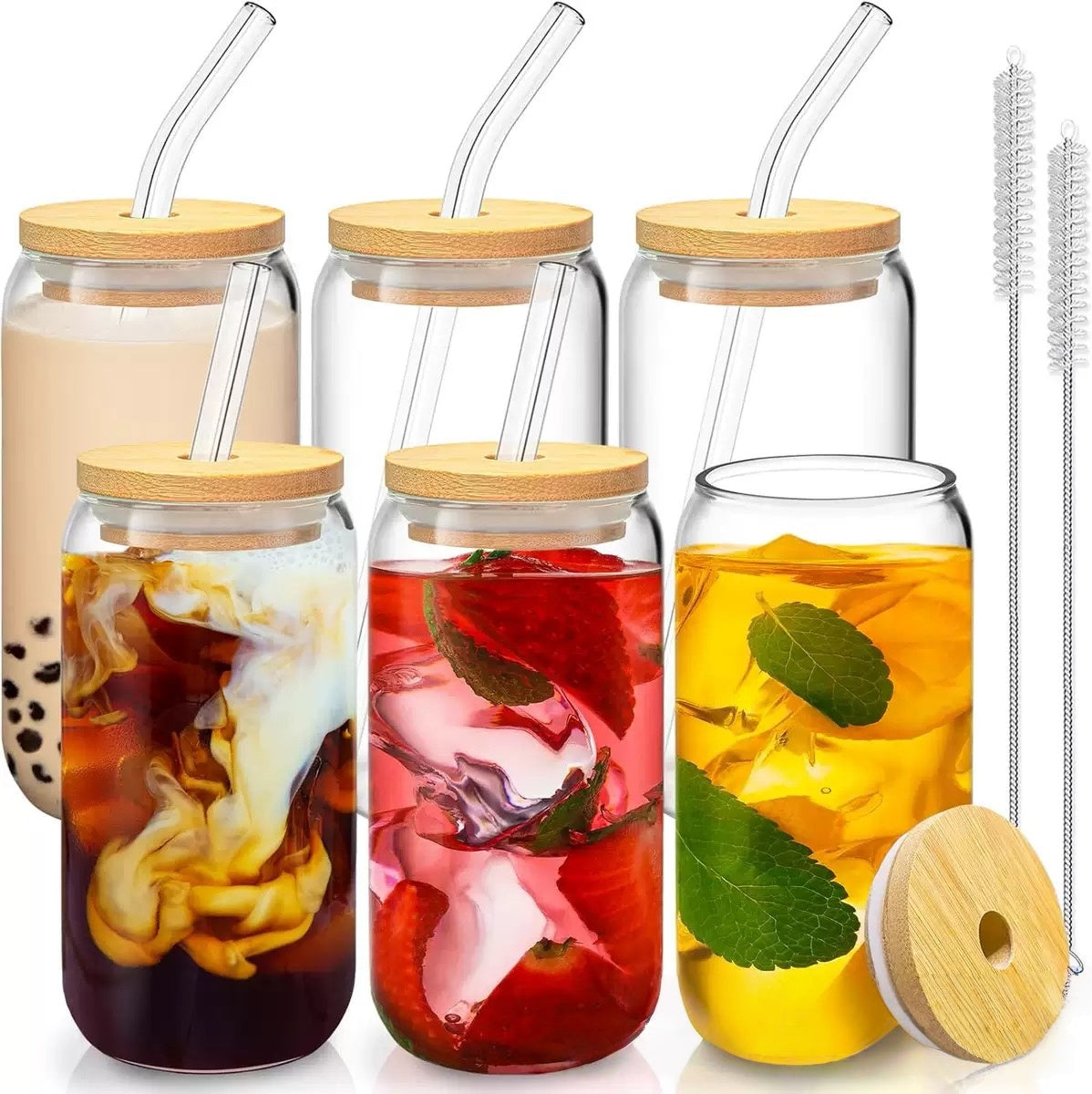 [DFC] SFC, 16oz Juice Milk Cup, Capacity 500ml, Round Straw Cup With Bamboo Lid, Transparent Glass Cup, Summer Drink Cup, Simple And Heat-resistant Glass Cup, Capacity 500ml