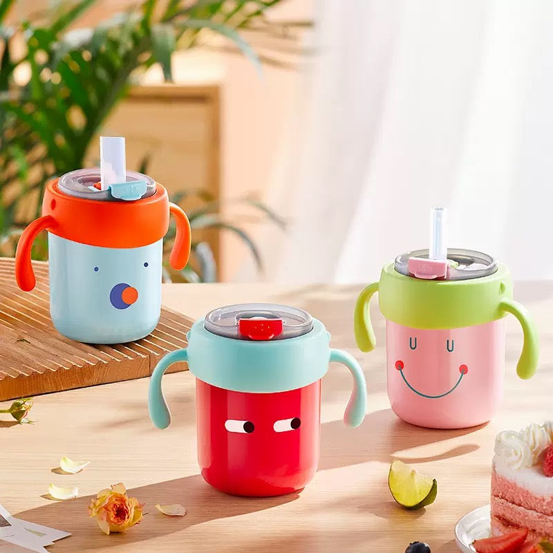 [DFC] Children's sippy cups for water milk, graduated straw cups, learning drinking cups with handles, household 316 stainless steel water cups Weight 300g