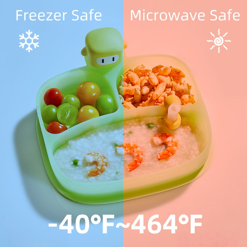 [DFC] Creative Cartoon Baby Plate, All in One Suction Base Silicone Divided Toddler Bowl Spill Proof Feeding Set Heat Resistant Easy Clean Kids Tableware