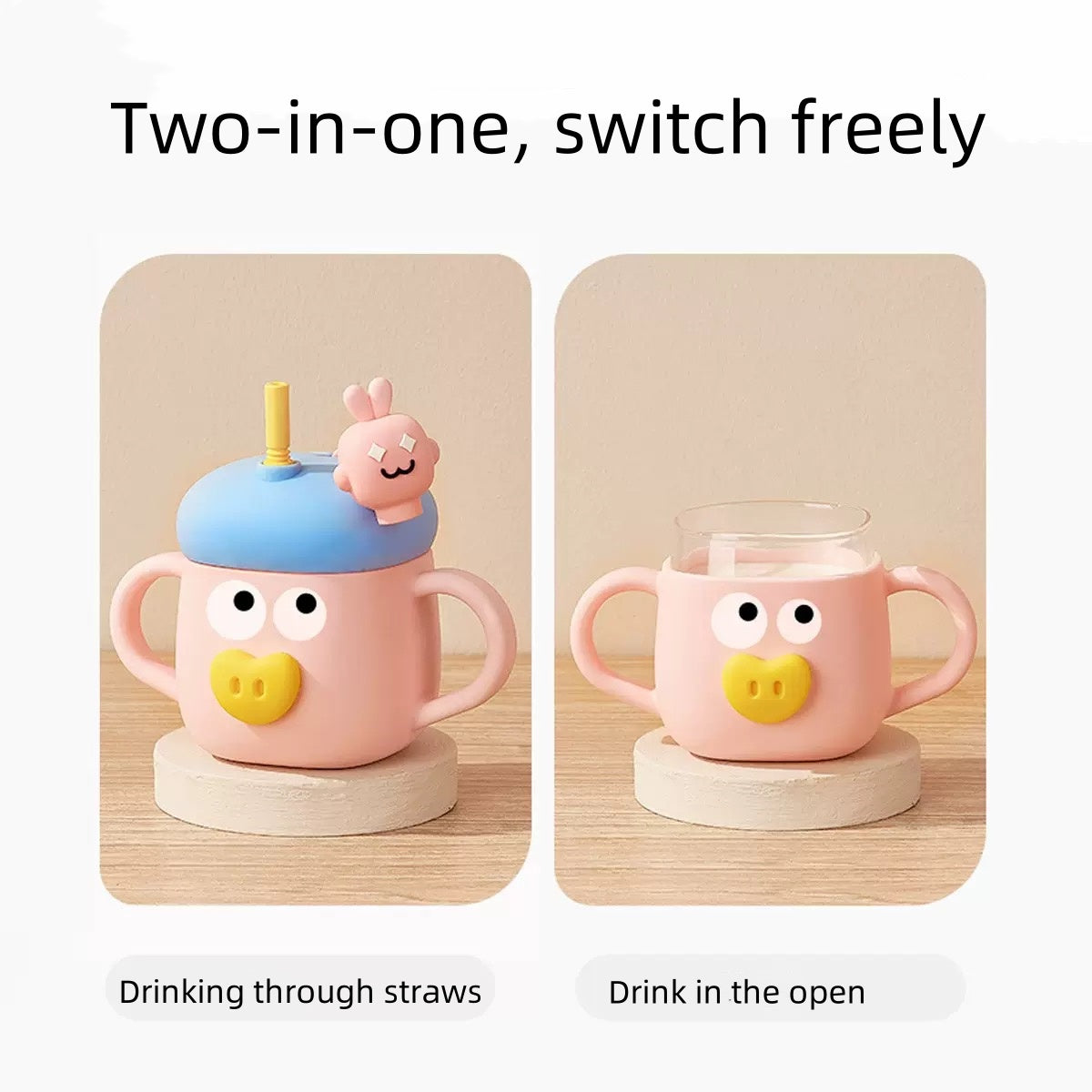 [DFC] Cute sippy cup, cartoon milk cup, children's cup with graduated straw, cover protected glass water cup, microwave-safe heating Weight 200g