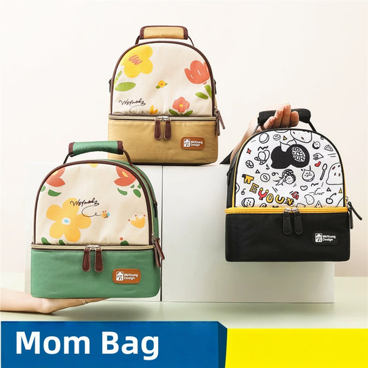 [DFC] Fashion Print Backpack Pump Cooler Bag Double Layer Insulated Breastmilk Tote Work Commute Large Capacity Diaper Bag