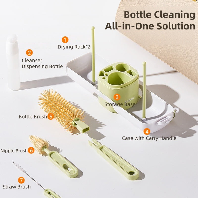 [DFC] 7 in 1 Portable Silicone Baby Bottle Brush Set Travel Kit with Nipple Straw Cleaner Drying Rack Storage
