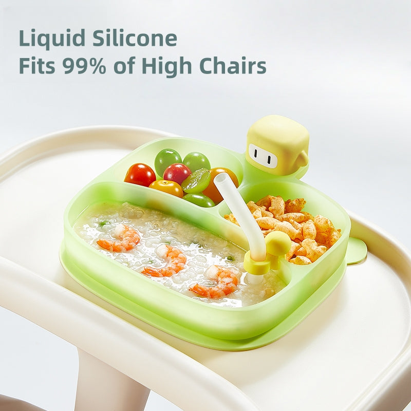 [DFC] Creative Cartoon Baby Plate, All in One Suction Base Silicone Divided Toddler Bowl Spill Proof Feeding Set Heat Resistant Easy Clean Kids Tableware