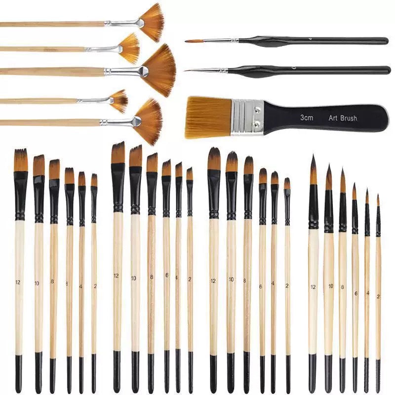 [DFC]A 32-piece Set Of Multi-functional Combination Nylon Wooden Board Brushes For Student Art Painting, Oil Painting And Outlining Weight 211g