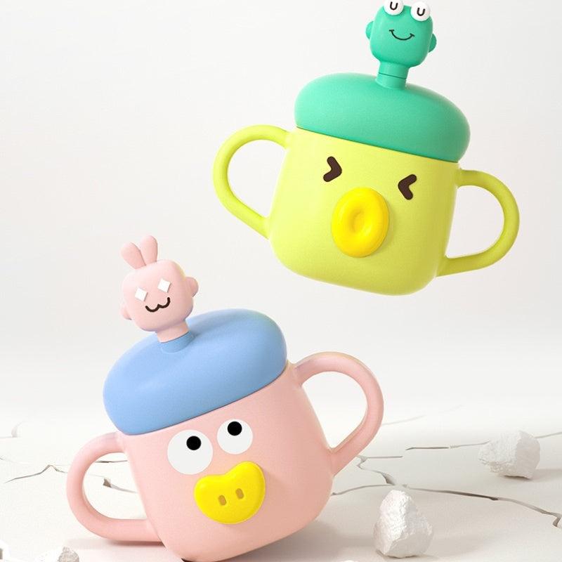 [DFC] Cute sippy cup, cartoon milk cup, children's cup with graduated straw, cover protected glass water cup, microwave-safe heating Weight 200g