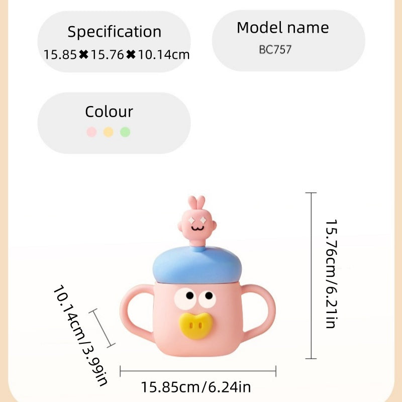 [DFC] Cute sippy cup, cartoon milk cup, children's cup with graduated straw, cover protected glass water cup, microwave-safe heating Weight 200g