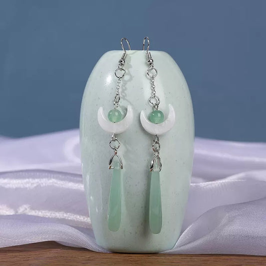 [DFC]Imitation jade drop beaded earrings, Asia-style earrings, Retro water drop tassel earrings, simple accessories, round geometric earrings,Weight 5g