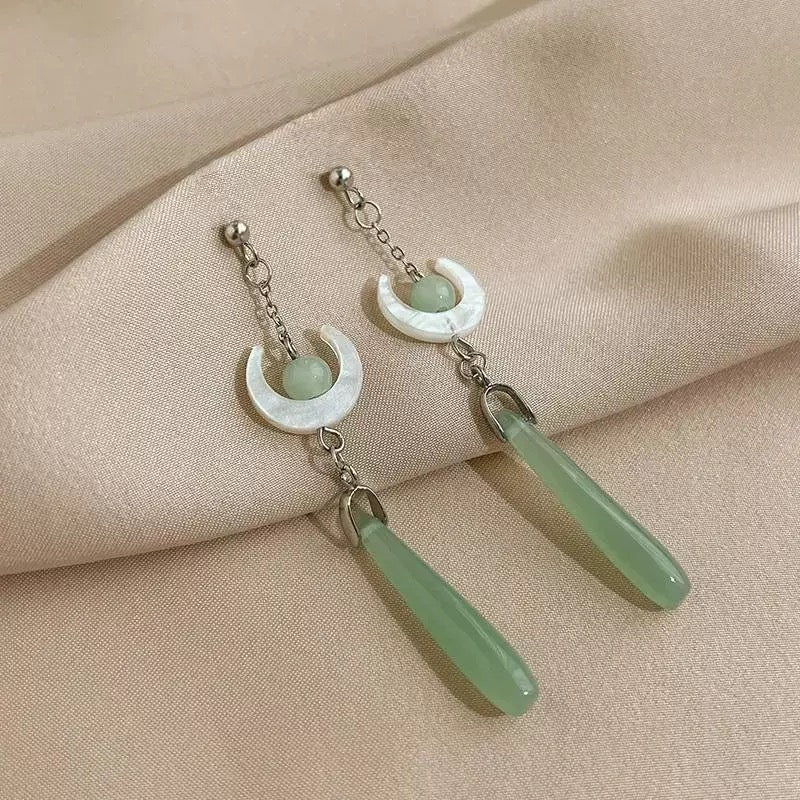 [DFC]Imitation jade drop beaded earrings, Asia-style earrings, Retro water drop tassel earrings, simple accessories, round geometric earrings,Weight 5g