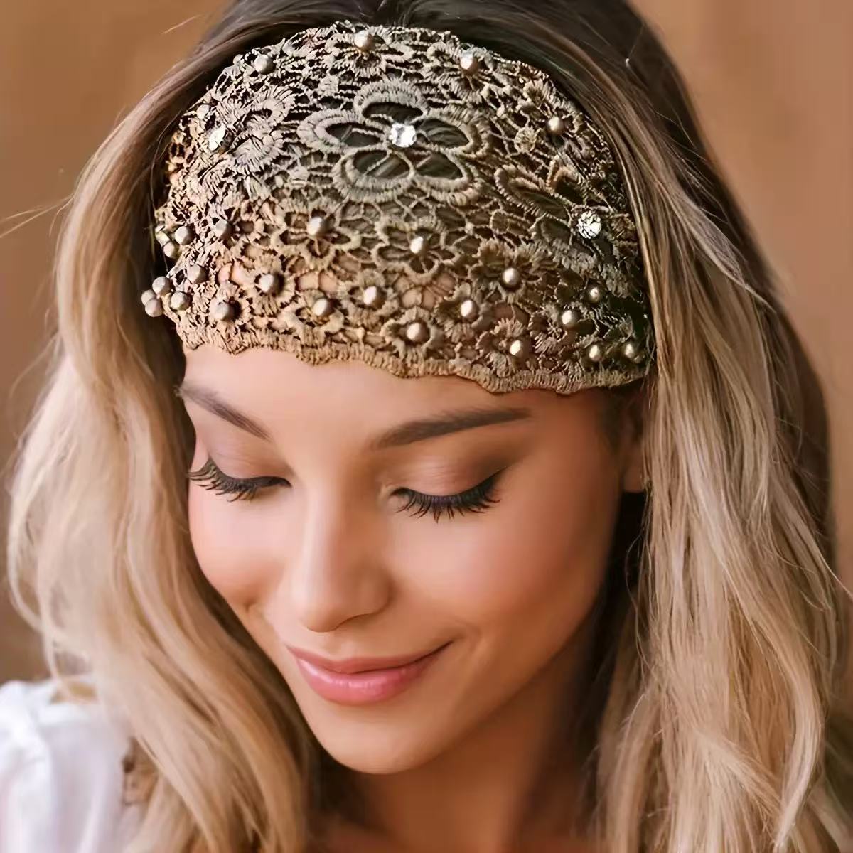 [DFC]New Fashionable Wide-edge Headband With Plum Blossom Cutouts, Beaded Headband To Press Hair And Cover White Hair, Ladies' Headband, Weight 34g
