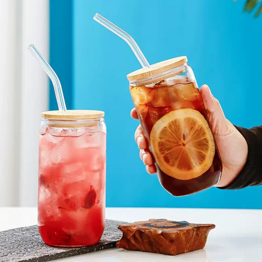 [DFC] SFC, 16oz Juice Milk Cup, Capacity 500ml, Round Straw Cup With Bamboo Lid, Transparent Glass Cup, Summer Drink Cup, Simple And Heat-resistant Glass Cup, Capacity 500ml