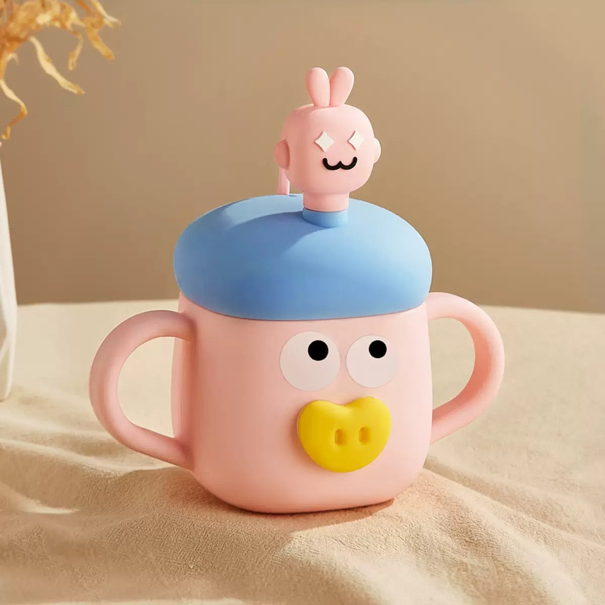 [DFC] Cute sippy cup, cartoon milk cup, children's cup with graduated straw, cover protected glass water cup, microwave-safe heating Weight 200g