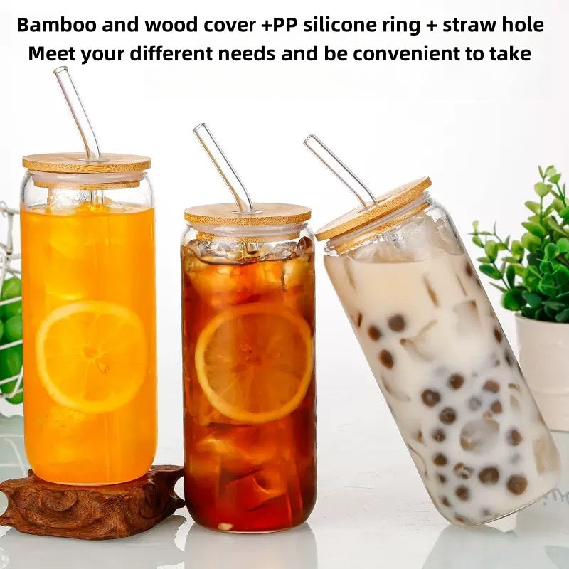 [DFC] SFC, 16oz Juice Milk Cup, Capacity 500ml, Round Straw Cup With Bamboo Lid, Transparent Glass Cup, Summer Drink Cup, Simple And Heat-resistant Glass Cup, Capacity 500ml