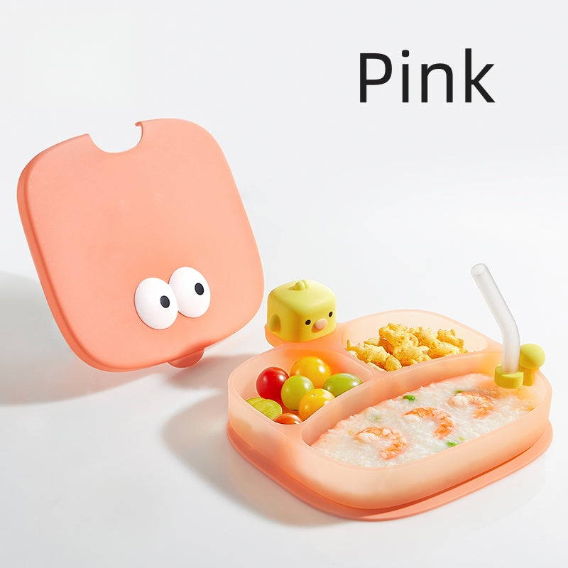 [DFC] Creative Cartoon Baby Plate, All in One Suction Base Silicone Divided Toddler Bowl Spill Proof Feeding Set Heat Resistant Easy Clean Kids Tableware