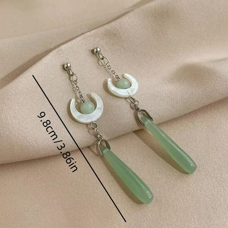[DFC]Imitation jade drop beaded earrings, Asia-style earrings, Retro water drop tassel earrings, simple accessories, round geometric earrings,Weight 5g