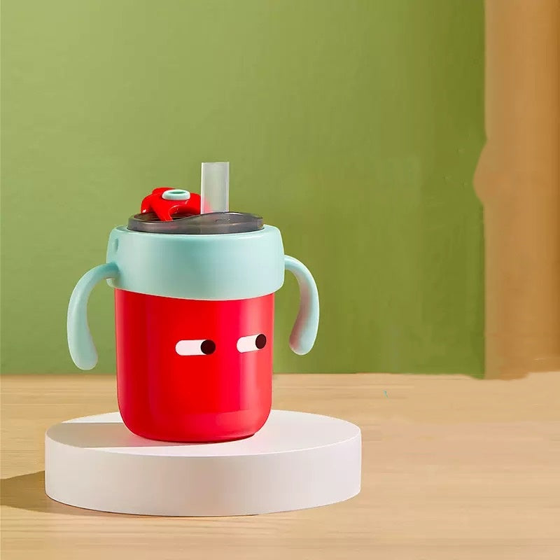 [DFC] Children's sippy cups for water milk, graduated straw cups, learning drinking cups with handles, household 316 stainless steel water cups Weight 300g