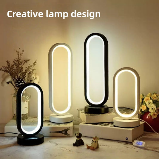 [DFC] Oval desk lamp, Nordic retro and simple style desk lamp, USB plug, bedroom bedside warm night light, study and bedroom learning atmosphere LED night light, three-color adjustable white and black desk lamp,Weight 520g