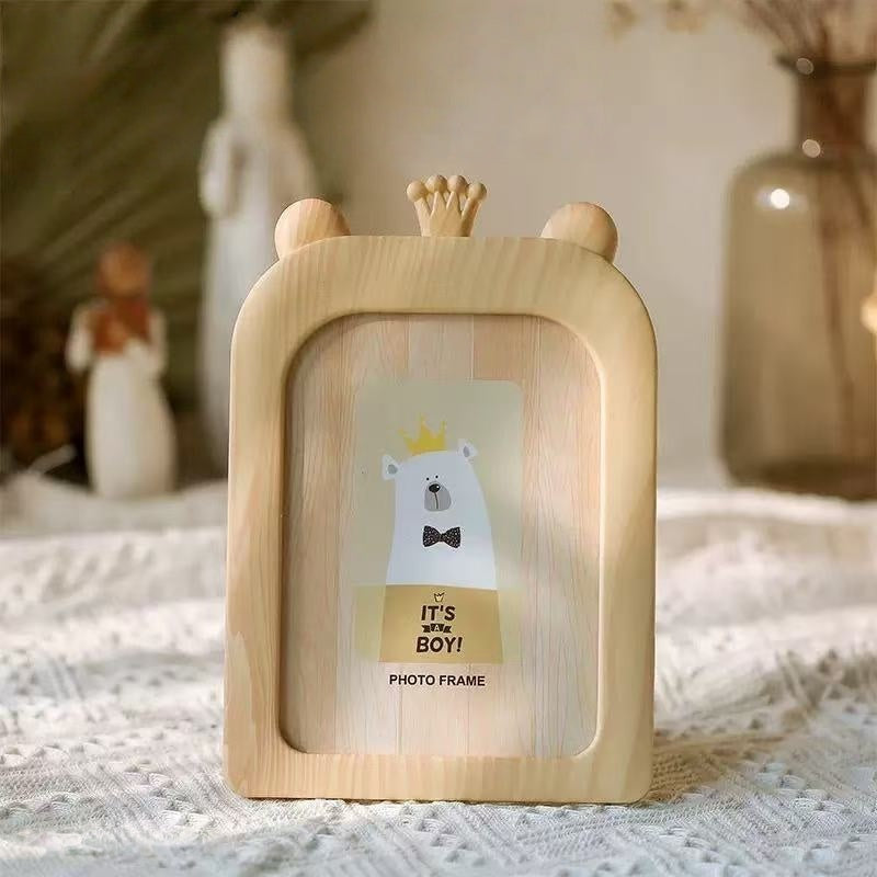 [DFC] 7 Inch Imitation Wood Photo Frame Dual-Sided Kids & Family Picture Frame with Cute Animal Designs (Giraffe, Mouse, Bear) Durable Plastic Desktop or Wall-Mounted for Nursery, Home Decor