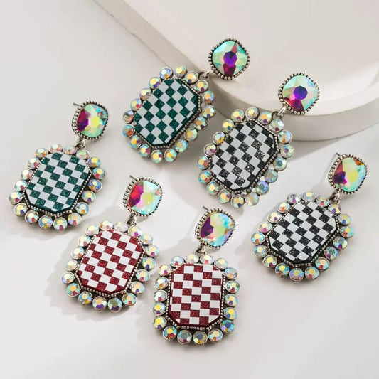 [DFC]New European And American Trend Fashion, Unique Diamond-encrusted Checkered Earrings, Women's Alloy Square Elegant Stud Earrings