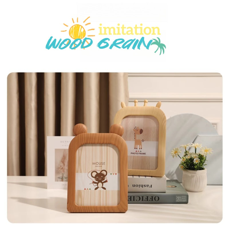 [DFC] 7 Inch Imitation Wood Photo Frame Dual-Sided Kids & Family Picture Frame with Cute Animal Designs (Giraffe, Mouse, Bear) Durable Plastic Desktop or Wall-Mounted for Nursery, Home Decor Weight 240g