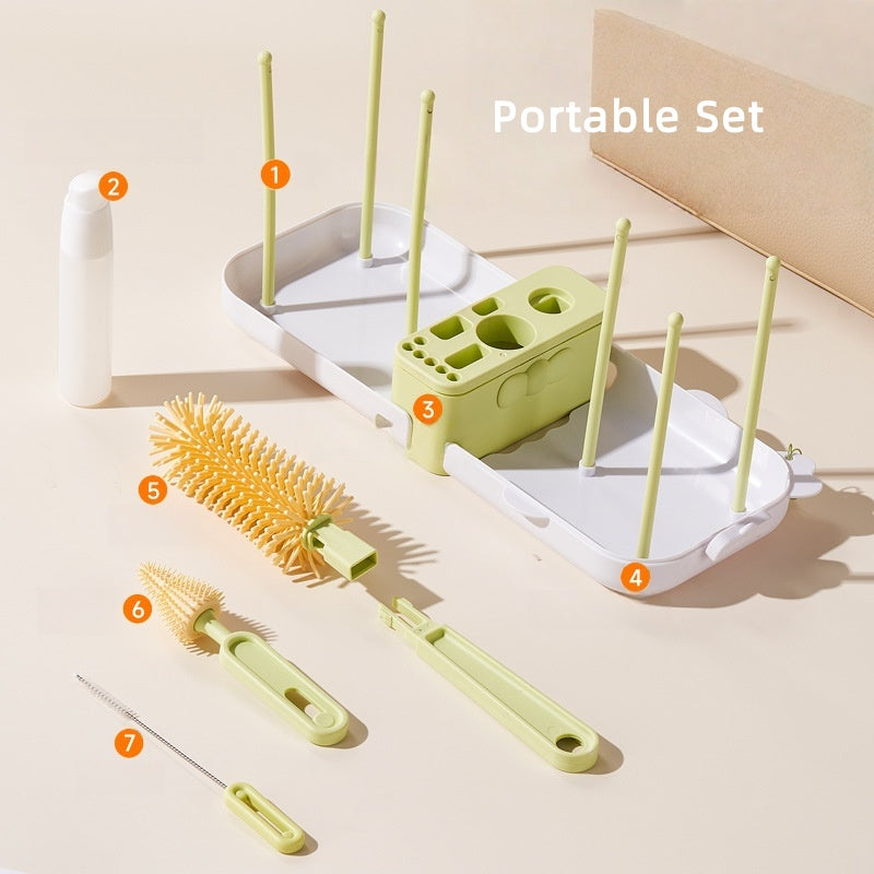 [DFC] Baby Bottle Brush 7-Piece Set Silicone Brush Head Bottle Cleaning Cup Cleaning Can be Boiled and Sterilized Easy to Carry Out Brush and drain rack all-in-one set Weight 265g