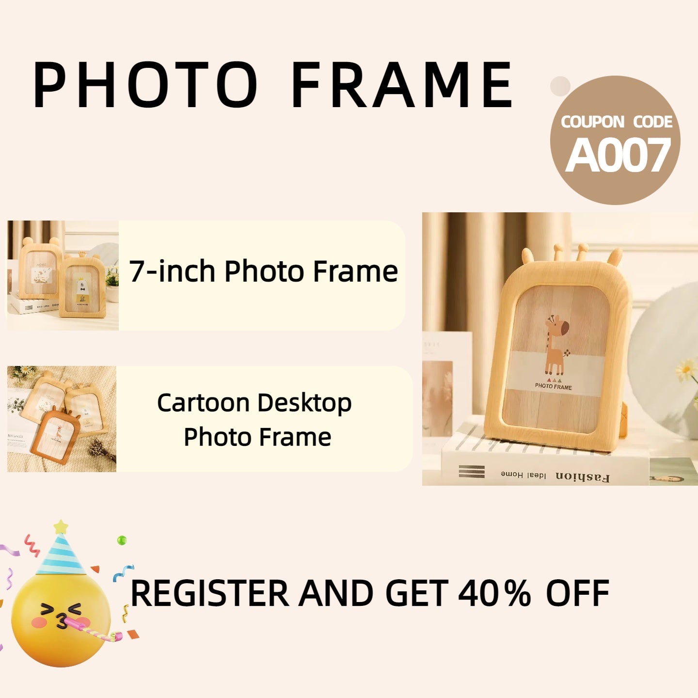 [DFC] 7 Inch Imitation Wood Photo Frame Dual-Sided Kids & Family Picture Frame with Cute Animal Designs (Giraffe, Mouse, Bear) Durable Plastic Desktop or Wall-Mounted for Nursery, Home Decor