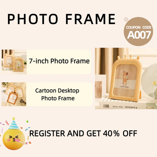 [DFC] 7 Inch Imitation Wood Photo Frame Dual-Sided Kids & Family Picture Frame with Cute Animal Designs (Giraffe, Mouse, Bear) Durable Plastic Desktop or Wall-Mounted for Nursery, Home Decor